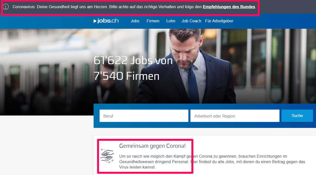 Hinweise und Angebote bei jobs.ch zu Corona