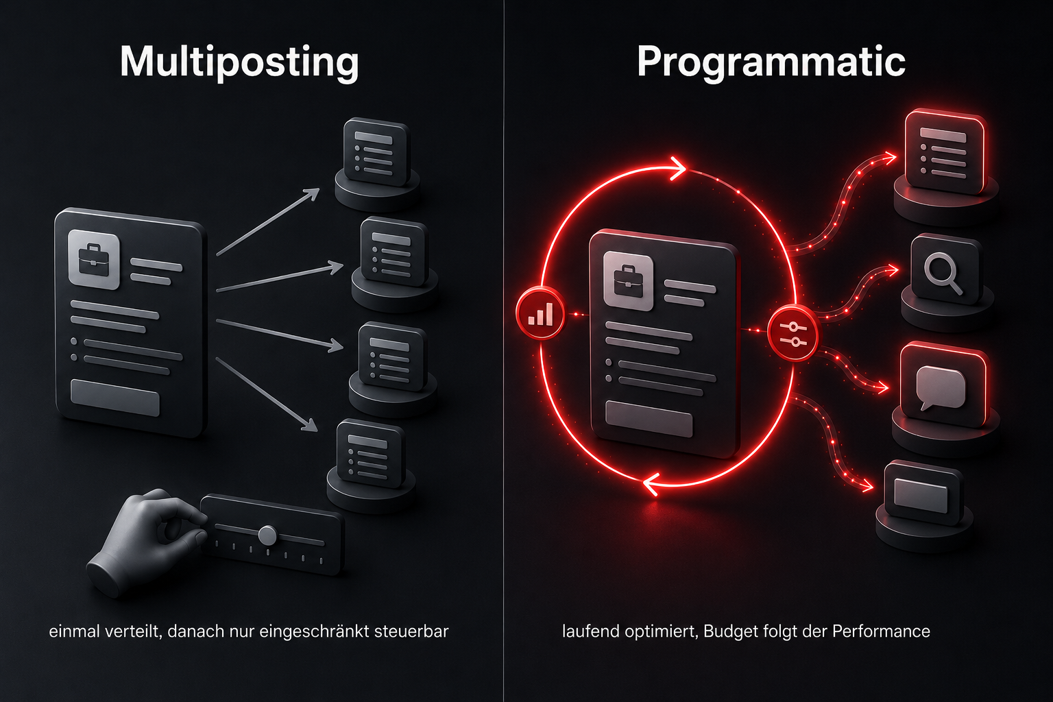 Vergleich von Multiposting und Programmatic Job Advertising: einmal verteilt und nur eingeschränkt steuerbar gegenüber laufender Optimierung, bei der das Budget der Performance folgt