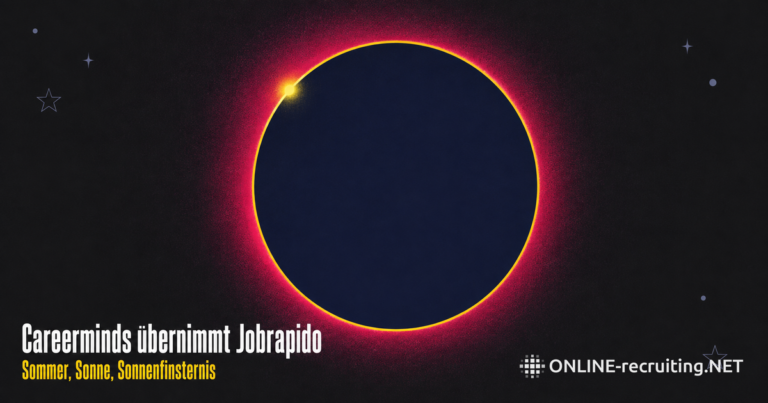 Sonnenfinsternis als Bild für die Übernahme: eine navyblaue Scheibe verdeckt eine magentafarbene Sonne mit gelber Korona, Titel „Careerminds übernimmt Jobrapido"
