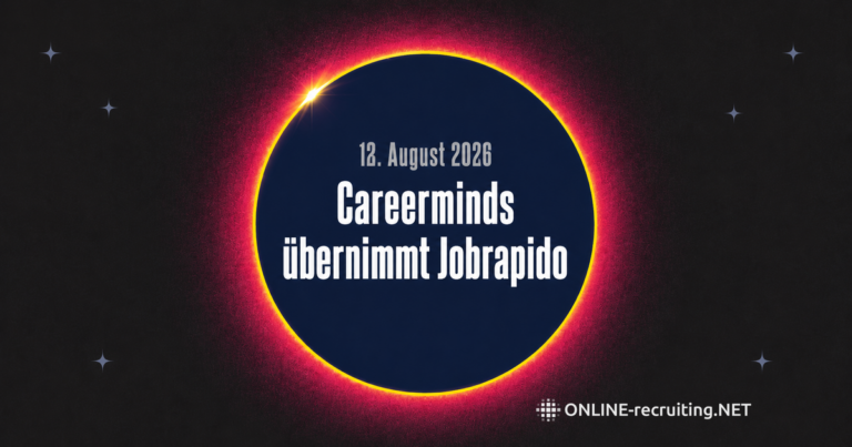 Sonnenfinsternis als Bild für die Übernahme: eine navyblaue Scheibe verdeckt eine magentafarbene Sonne mit gelber Korona, im Mond der Titel „Careerminds übernimmt Jobrapido“