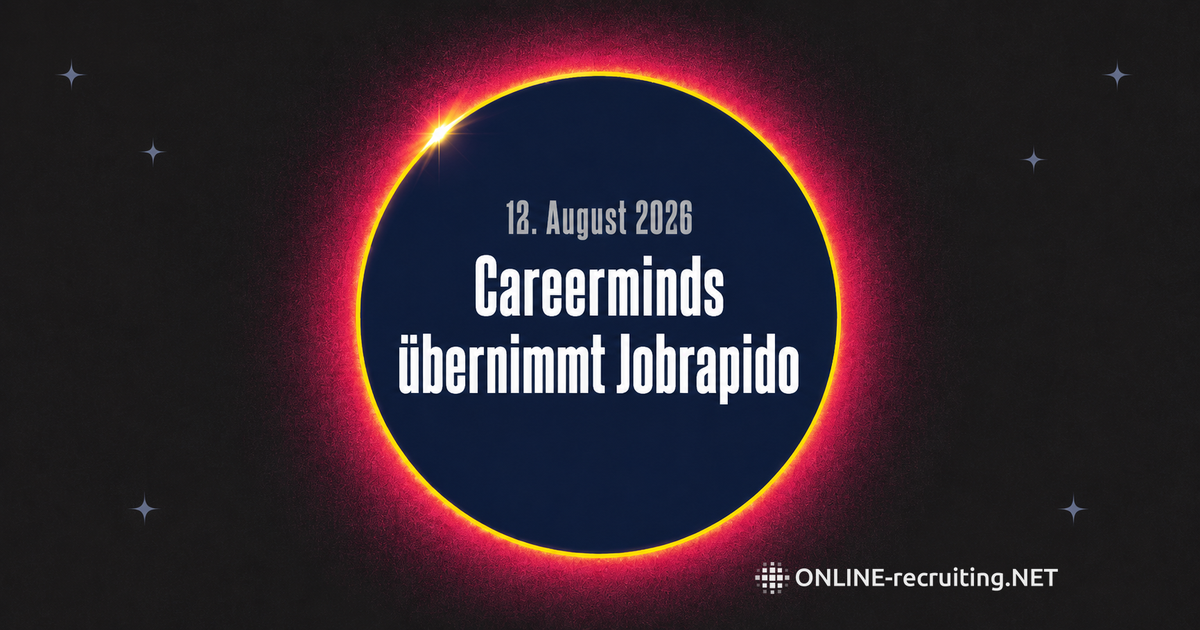 Sonnenfinsternis als Bild für die Übernahme: eine navyblaue Scheibe verdeckt eine magentafarbene Sonne mit gelber Korona, im Mond der Titel „Careerminds übernimmt Jobrapido“