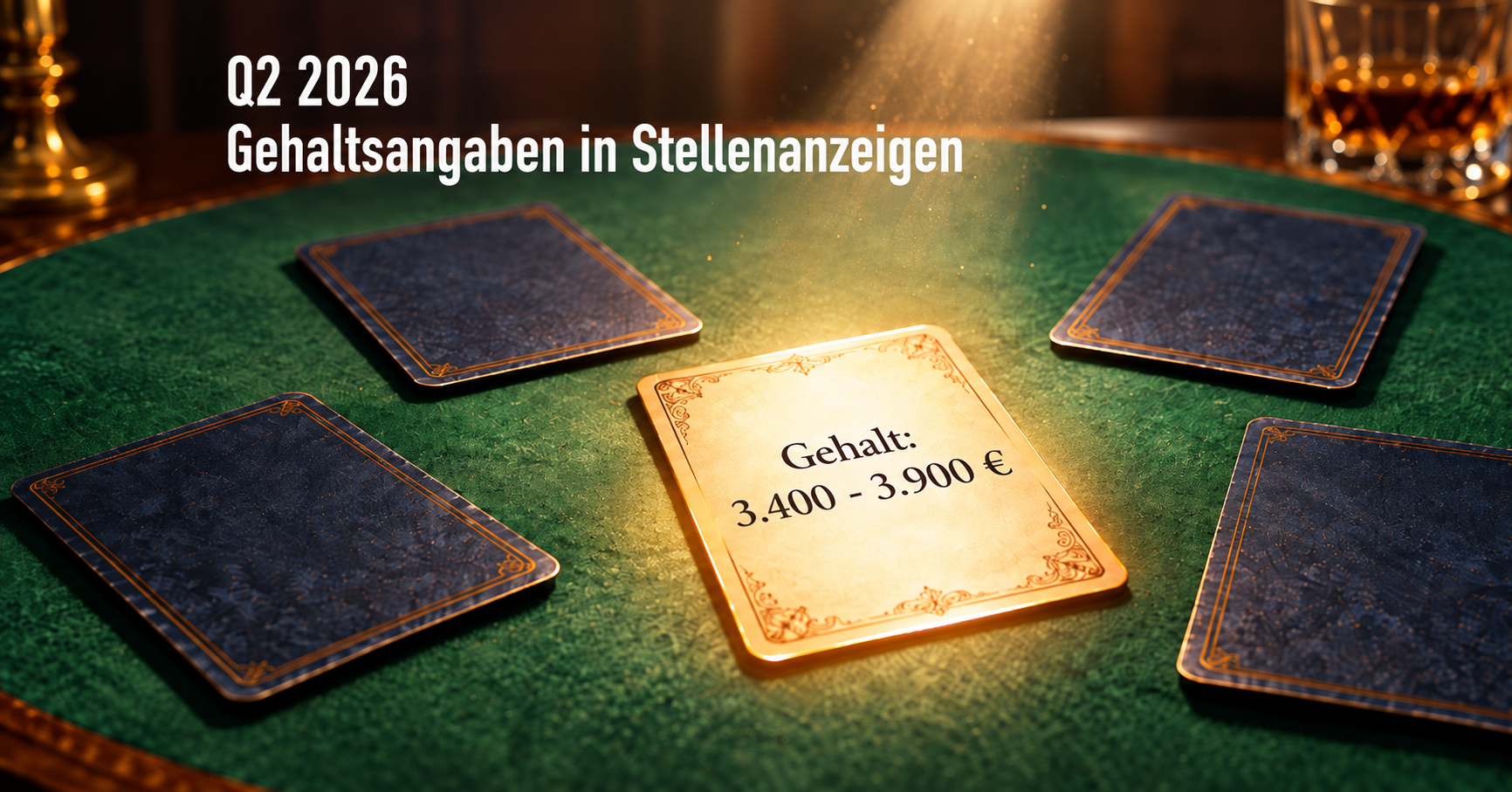Fünf Stellenanzeigen als Spielkarten auf einem Kartentisch, nur eine liegt offen und zeigt eine Gehaltsspanne