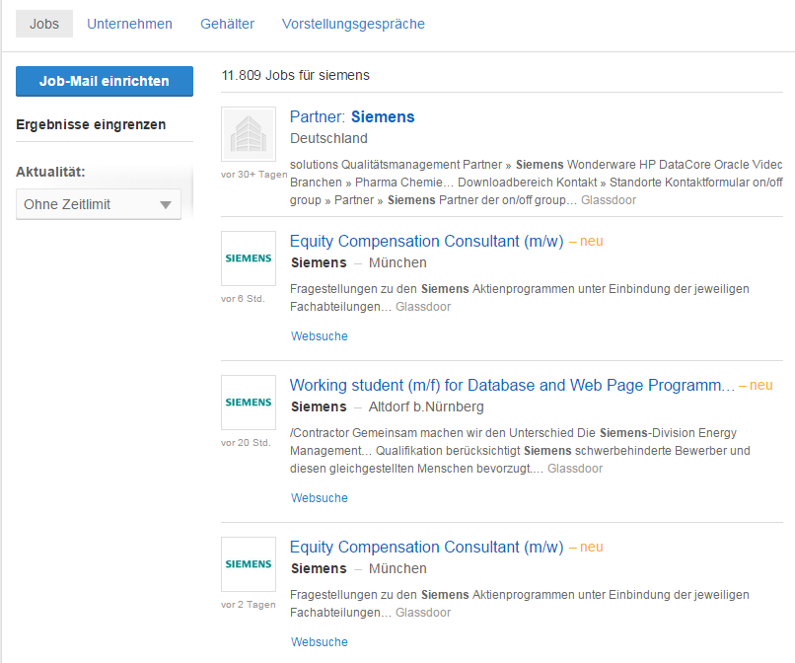 Screenshot Siemens Anzeigen Resultate Glassdoor.de