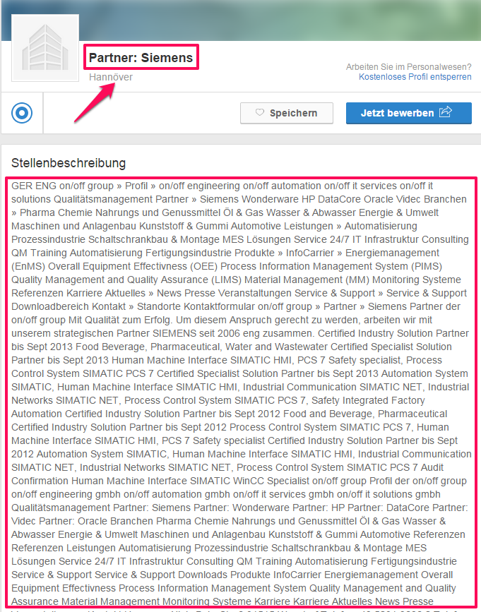 Anzeigentext eines fälschlich aggregierten Textes anstelle einer Jobanzeige