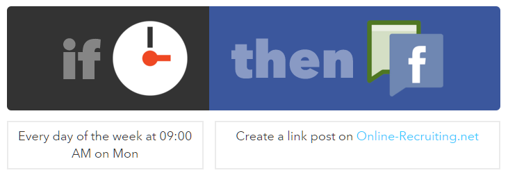 IFTTT Rezept: IF THIS: Jeden Montag um 9 Uhr - THEN THAT: poste den eingeplanten Link Post auf der Facebook Seite