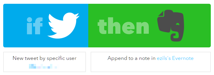 IFTTT Rezept: IF THIS: Neuer Tweet eines definierten Twitter Nutzers - THEN THAT: fügt einer Evernote Notiz einen Eintrag hinzu