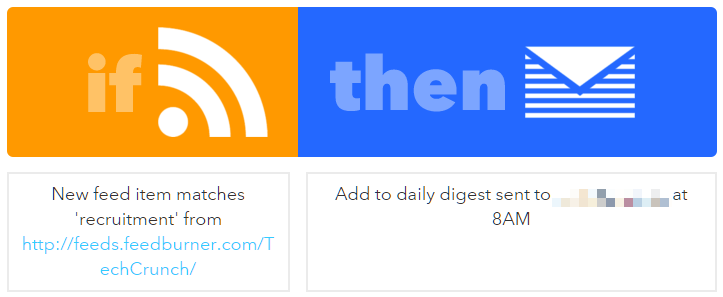 IFTTT Rezept: IF THIS: Der RSS Feed enthält ein definiertes Stichwort - THEN THAT: sende mir eine E-Mail um 8 Uhr